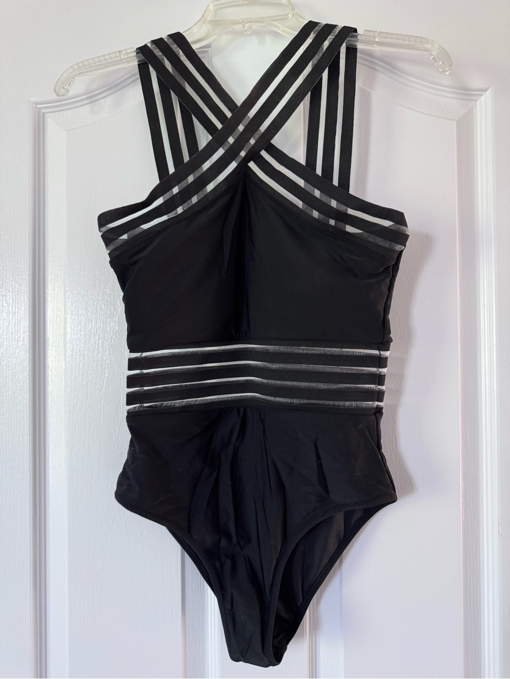 Black One Piece Swimsuit Strappy Back Mesh Cutout Waist Kenneth Cole Style Small - Picture 3 of 10